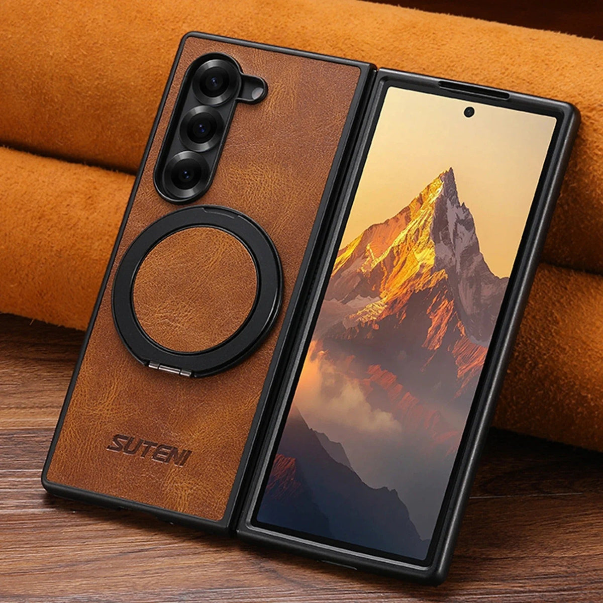 HeritageSpin –  Z Fold 7, 6, 5 Vintage Leather 360° Kickstand Case